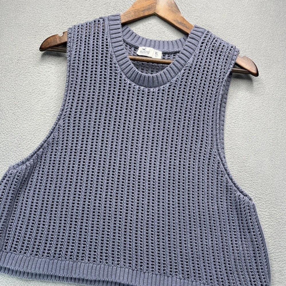 Hollister Open Knit Crochet Sweater Vest Womens XL Dusty Blue Cotton Cropped